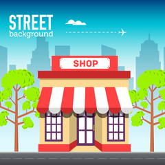 shop building in city space with road on flat syle background concept. Vector illustration design