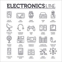 Device store concept. Thin line icons with flat background design. Sale electronic on modern shop. The seller advises the buyer illustration