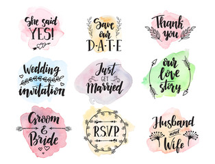 Wedding day marriage proposal phrases text lettering invitation cards calligraphy hand drawn greeting love label romantic vector illustration.