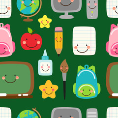 Cute childish seamless pattern Back to School supplies as smiling cartoon characters