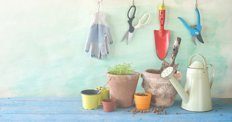 Gardening utensils, springtime gardening, seedlings and flower pots, free copy space