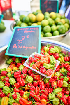 exotic peppers (piments cabri) on local market of Saint-Pierre,