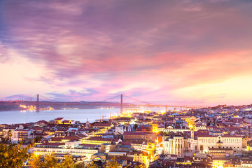 Lisbon and 25 abril bridge at sunset, seen from Sao Jorge Castle, Portugal