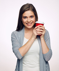 Fototapeta premium Smilng woman holding red coffee cup.