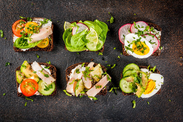 Set of various danish open sandwiches Smorrebrod with fish, egg and fresh vegetables, dark background copy space above