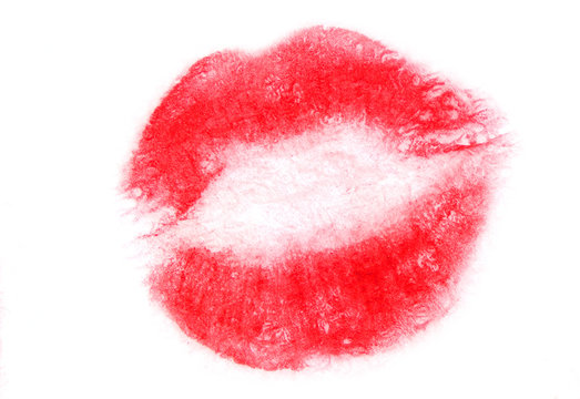 Lipstick kiss, female lips lipstick kiss, red lips lipstick kiss isolated on white background.