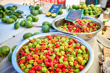 exotic peppers (piments cabri) on local market of Saint-Pierre,