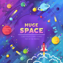 Set of huge universe infographic illustration. Outer space rocket flying up into the solar system with a lot of planets background. Vector thin lines icons stars in galaxy design concept. 