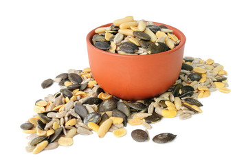 Delicious grains and seeds mix isolated on white background, including clipping path without shade. Germany