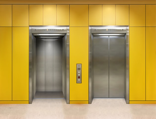 Chrome metal office building elevator doors. Open and closed variant. Realistic vector illustration yellow wall panels office building elevator.