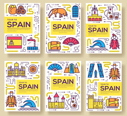 Spain vector brochure cards thin line set. Country travel template of flyear, magazines, posters, book cover, banners. Layout culture monument outline illustrations modern pages