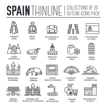 Country Spain thin line travel vacation guide of goods, places and features. Set of outline architecture, fashion, people, items, nature background concept. Infographic template design  on flat style