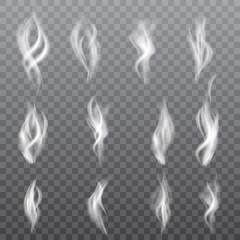 Collection of realistic white smoke on transparent background. Vector.