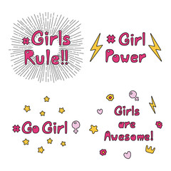 Set of hand drawn quotes about girl power, feminism, with sun rays, flowers, hearts, stars, lightning, crown, Venus mirror. Isolated objects on white. Vector illustration. Design concept women day.