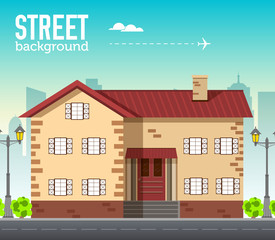 Home building in city space with road on flat syle background concept. Vector illustration design