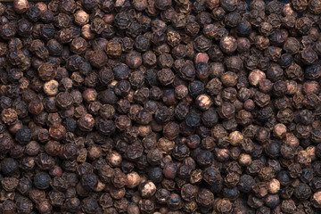 Black dry peppercorn background. Macro photography.