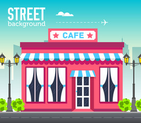 cafe shop building in city space with road on flat syle background concept. Vector illustration design
