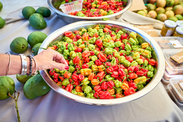 exotic peppers (piments cabri) on local market of Saint-Pierre,