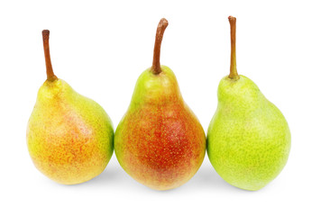 Whole and half pears on a white background