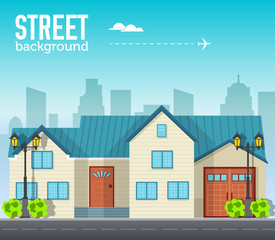 Family Home building in city space with road on flat syle background concept. Vector illustration design