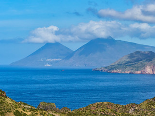 View of the Aeolian islands Lipari and Salina seen from the Vulcano island in Sicily
