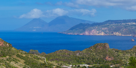 View of the Aeolian islands Lipari and Salina seen from the Vulcano island in Sicily

