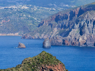 View of the Aeolian islands Lipari and Salina seen from the Vulcano island in Sicily
