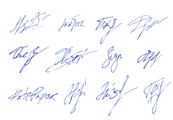 vector signature. handwritten sign set. fictitious autograph text. illustration