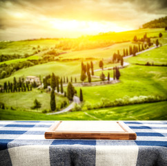 Desk of free space and tuscany landscape 