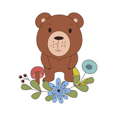 Obraz na płótnie Canvas Cute animal in cartoon style. Woodland bear with forest design elements. Vector illustration
