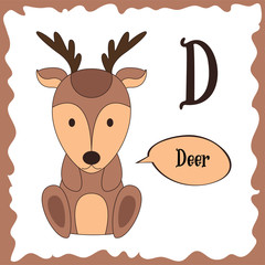 Funny cartoon animals. D letter. Cute alphabet for children education. Vector illustration