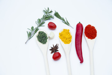Set of spices and herbs on white background