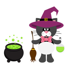 cartoon cute cat black with tie in witch hat with magic potion and broom and cauldron