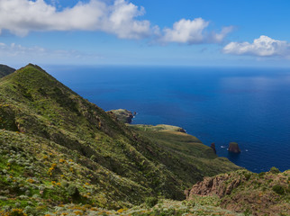 Fototapeta premium Beautiful mountain and coast scenery on Lipari hiking trails, Aeolian islands, Sicily, Italy 
