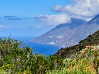 The Island of Salina seen from Lipari, Aeolian islands, Sicily, Italy
