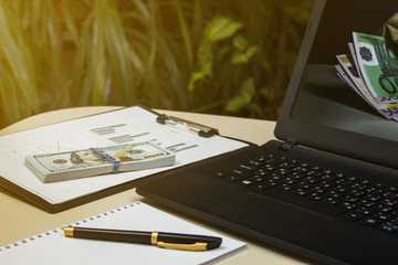 Laptop with dollars and telephone on the table on the background of plants