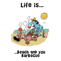 Woman is doing bbq on a sun burned man on the beach