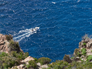 Small Fishing Boat seen from above in the Aeolian islands, Sicily, Italy
