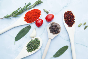 Set of spices and herbs on white marble background