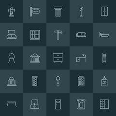 Modern Simple Set of buildings, furniture Vector outline Icons. ..Contains such Icons as  interior,  sign,  house,  coat,  money, rent,  sea and more on dark background. Fully Editable. Pixel Perfect.