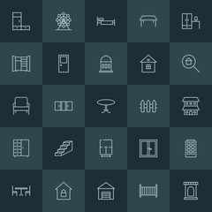 Modern Simple Set of buildings, furniture Vector outline Icons. ..Contains such Icons as  home,  modern,  architecture,  wardrobe, london and more on dark background. Fully Editable. Pixel Perfect.