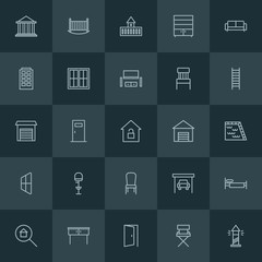 Modern Simple Set of buildings, furniture Vector outline Icons. ..Contains such Icons as  justice,  office,  estate,  doorway, closet,  bed and more on dark background. Fully Editable. Pixel Perfect.