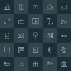 Modern Simple Set of buildings, furniture Vector outline Icons. ..Contains such Icons as  bed,  estate, desk,  curtain,  cabinet,  office and more on dark background. Fully Editable. Pixel Perfect.