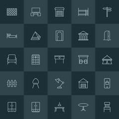 Fototapeta na wymiar Modern Simple Set of buildings, furniture Vector outline Icons. ..Contains such Icons as dining, round, tv, seat, modern, television and more on dark background. Fully Editable. Pixel Perfect.