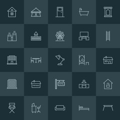 Modern Simple Set of buildings, furniture Vector outline Icons. ..Contains such Icons as  dining, entrance,  white,  show,  room,  security and more on dark background. Fully Editable. Pixel Perfect.