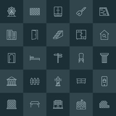 Modern Simple Set of buildings, furniture Vector outline Icons. ..Contains such Icons as  online, home,  urban,  cabinet,  wheel,  park, bed and more on dark background. Fully Editable. Pixel Perfect.