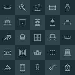 Modern Simple Set of buildings, furniture Vector outline Icons. ..Contains such Icons as  background, pyramid,  design,  isolated,  chair and more on dark background. Fully Editable. Pixel Perfect.