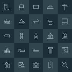 Modern Simple Set of buildings, furniture Vector outline Icons. ..Contains such Icons as water,  real,  classic,  street, bedroom, road and more on dark background. Fully Editable. Pixel Perfect.