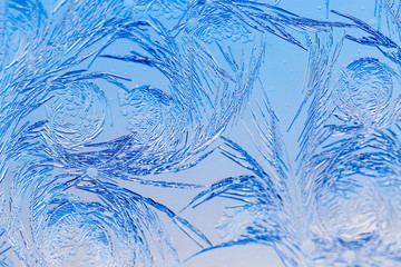 Blue drawings on the glass in the frost