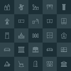Fototapeta na wymiar Modern Simple Set of buildings, furniture Vector outline Icons. ..Contains such Icons as wind, money, relax, energy, house, power, sofa and more on dark background. Fully Editable. Pixel Perfect.